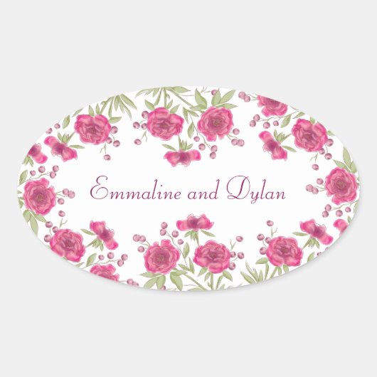 Helder Roze Rozen Bruiloft Ovale Sticker (Voorkant)