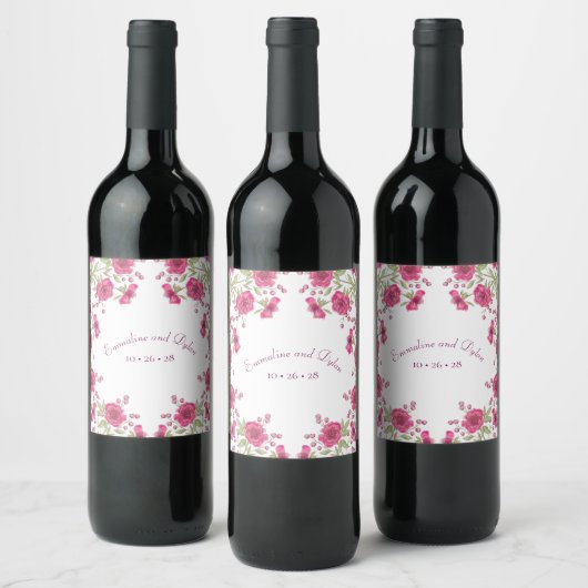 Helder Roze Rozen Bruiloft Wijn Etiket (Flessen)