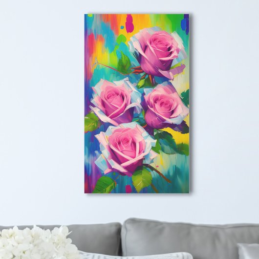 Helder Roze Rozen Moderne Digitale Olie Schilderku Canvas Afdruk