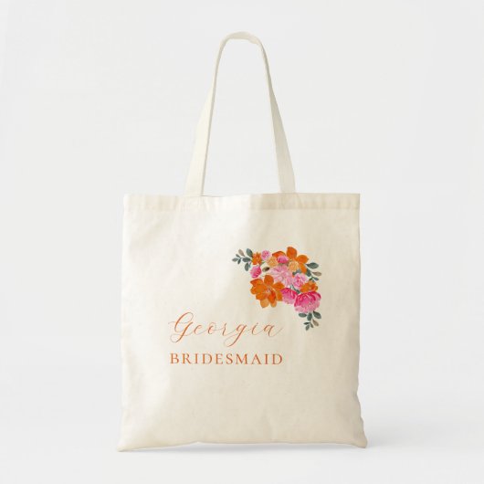Helder roze Sinaasappel Bloemen Bruidsmeisje Naam  Tote Bag (Voorkant)