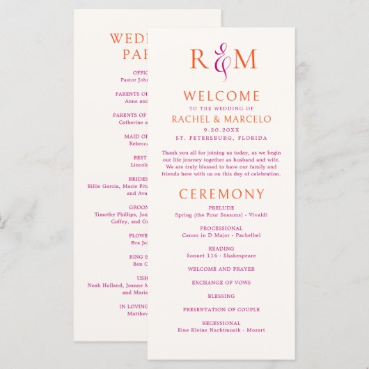 Helder Roze Sinaasappel Eenvoudig Monogram Trouwpr (Voorkant / Achterkant)