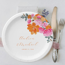 Helder Roze & Sinaasappel Levendige Zomer Bloemen  Papieren Bordje