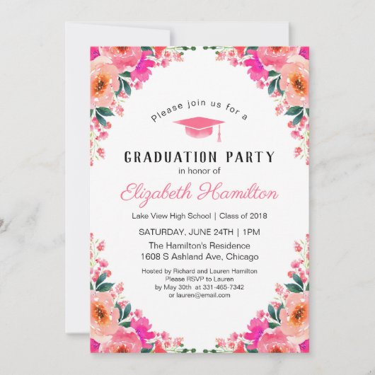 Helder Roze Waterverf Bloemen Afstudeerfeest Kaart (Voorkant)