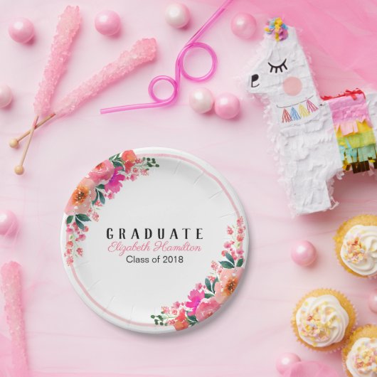 Helder Roze Waterverf Bloemen Afstudeerfeest Papieren Bordje (Feest)