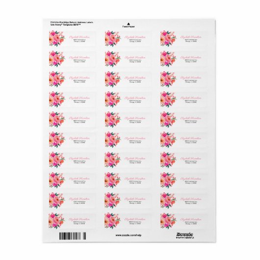 Helder roze Waterverf bloemenboeket Elegant Etiket (Full Sheet)