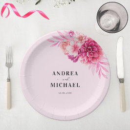 Helder roze waterverf bloemrijke zomer bruiloft   papieren bordje