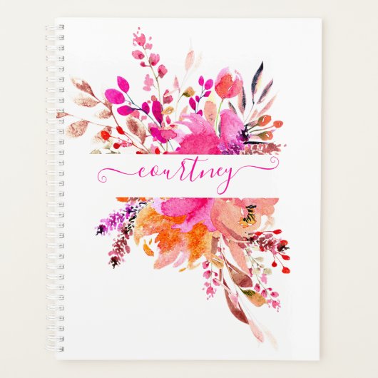 Helder roze waterverf bloemstuk gepersonaliseerd   planner (Voorkant)