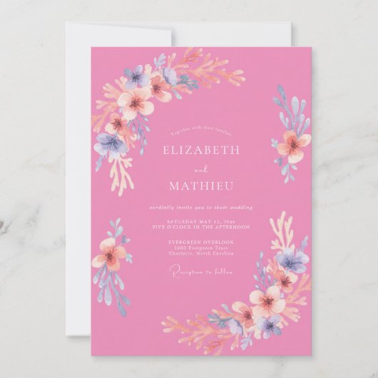 Helder Roze Whimsical Bloesem Bruiloft Kaart (Voorkant)