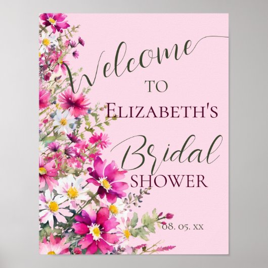 Helder roze Wildbloemen bloemenschrift Welkomstbor Poster (Voorkant)