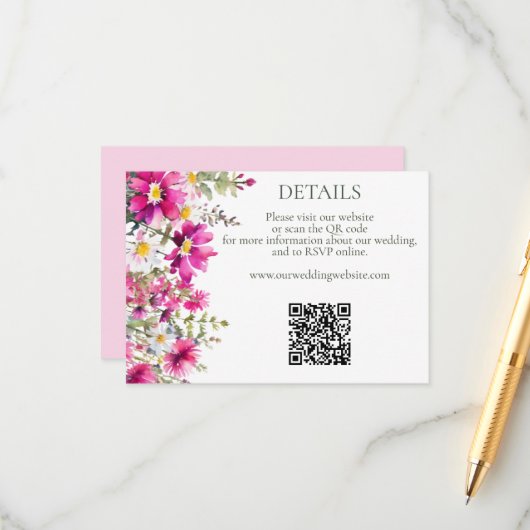 Helder roze Wildbloemen QR Code Bruiloft Details Informatiekaartje (Voorkant / Achterkant in situ)