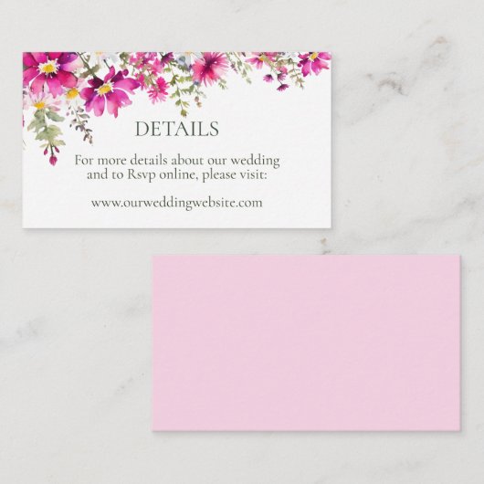 Helder roze Wildbloemen trouwdetails Website Informatiekaartje (Voorkant / Achterkant)
