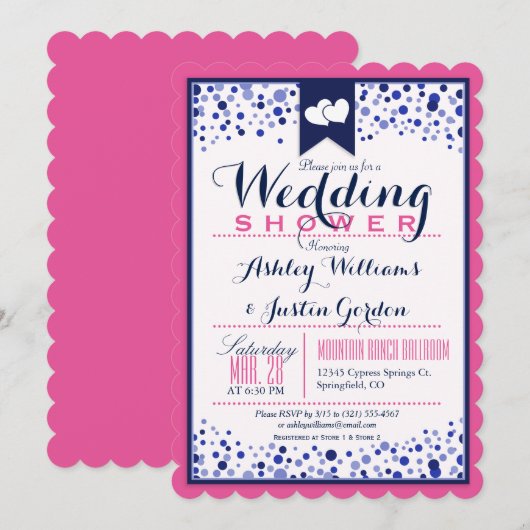 Helder roze, wit en marineblauwe huwelijksdouche kaart (Voorkant / Achterkant)