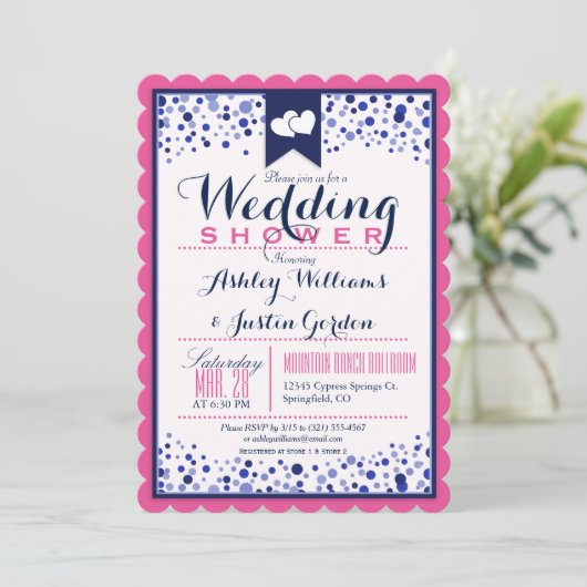 Helder roze, wit en marineblauwe huwelijksdouche kaart (Staand voorkant)