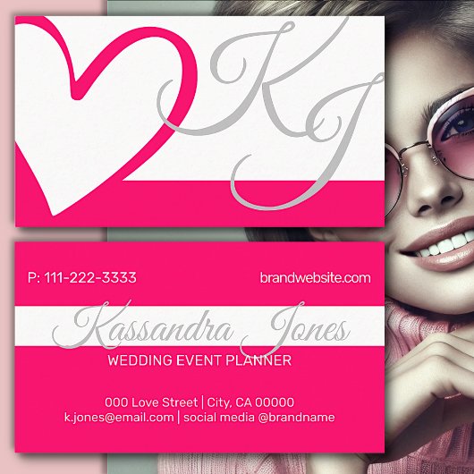 Helder Roze Wit Girly Hart Kalligrafie Monogram Visitekaartje