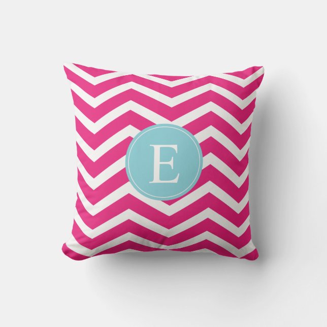 Helder roze witte Chevron blauw monogram Kussen (Voorkant)