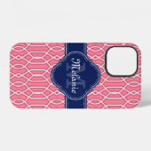 Helder roze witte Lattice-patroom marine-monogram iPhone Hoesje (Achterkant horizontaal)