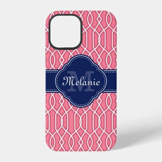 Helder roze witte Lattice-patroom marine-monogram iPhone Hoesje (Achterkant)