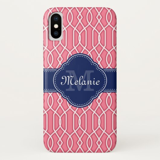 Helder roze witte Lattice-patroon Navy Monogram Case-Mate iPhone Case (Achterkant)