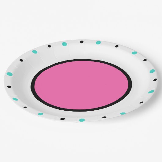 Helder roze zwart turquoise Stippen Papieren Bordje (Gekanteld)