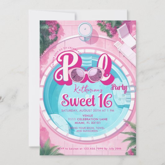 Helder Roze Zwembad Party Girly Sweet 16 Zestien Kaart (Voorkant)