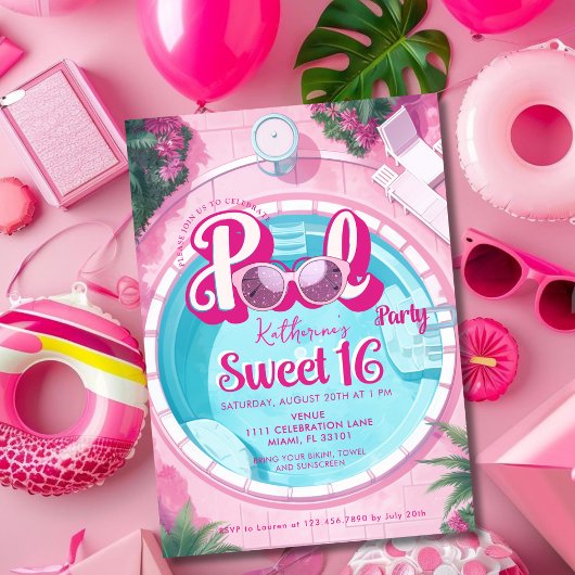 Helder Roze Zwembad Party Girly Sweet 16 Zestien Kaart