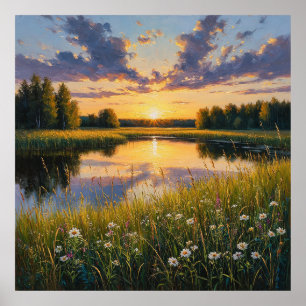 Helder rustige zonsondergang over een serene meer poster