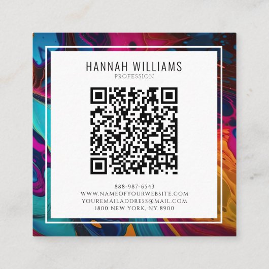 Helder Sinaasappel Blauw QR Code Kleurrijk Marmere Vierkante Visitekaartje (Achterkant)