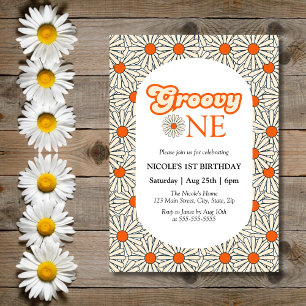 Helder Sinaasappel Daisy Floral Groovy 1e Verjaard Kaart