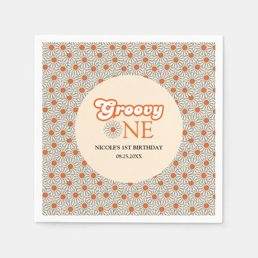 Helder Sinaasappel Daisy Groovy Arch 1e Verjaardag Servet (Voorkant)