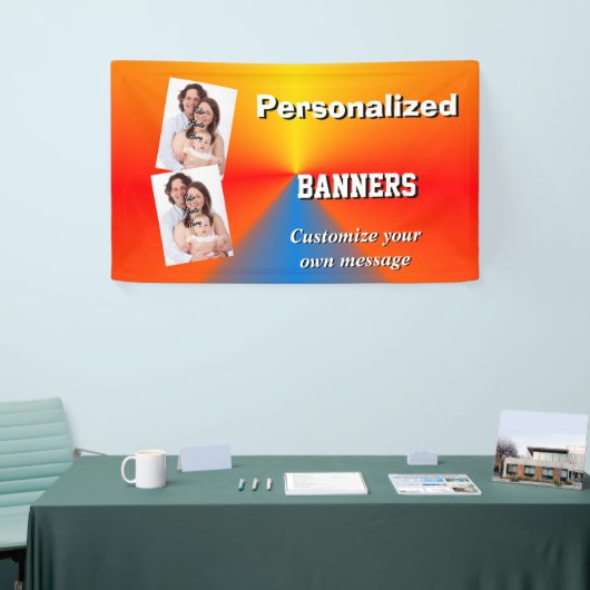 Helder sinaasappel en blauw fotosjabloon spandoek (Beurs)