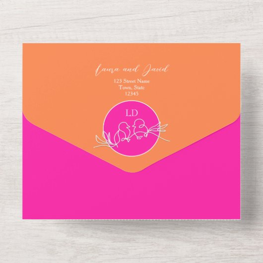 Helder Sinaasappel en roze bruiloft All In One Uitnodiging (Achterkant)