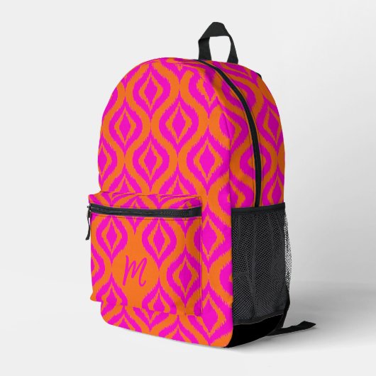 Helder Sinaasappel Hot Pink Ikat Art Pattern Bedrukte Rugzak (Achterkant Hoek Rechts)