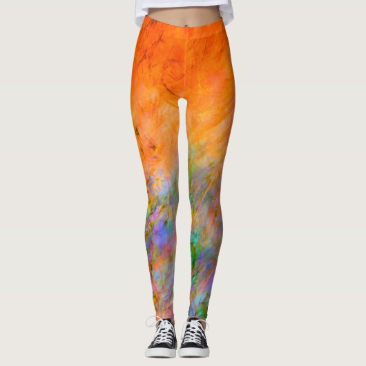 Helder Sinaasappel met groen, blauw en Paars gekle Leggings (Voorkant)