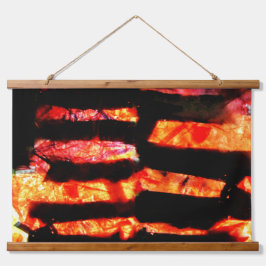 Helder sinaasappel met houten bekleed wandtapijt,  hangend wandkleed