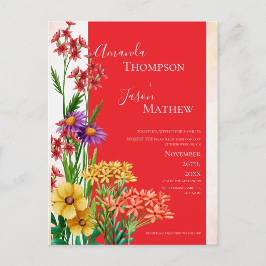 Helder Sinaasappel Paarse Gele Wildbloemen Bruilof Uitnodiging Briefkaart (Voorkant)