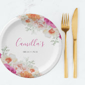 Helder Sinaasappel & Roze Waterverf Floral Paper B Papieren Bordje