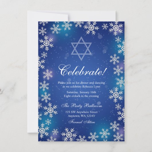 Helder Sneeuwvlok Blauw Winter Bat Mitzvah Ontvang Kaart (Voorkant)