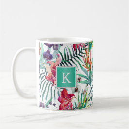 Helder Tropisch Bloemenpatroon met Monogram Koffiemok