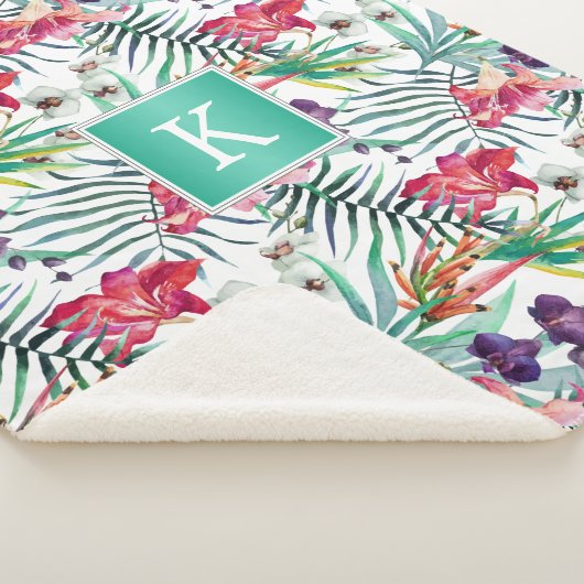 Helder Tropisch Bloemenpatroon met Monogram Sherpa Deken (3/4)