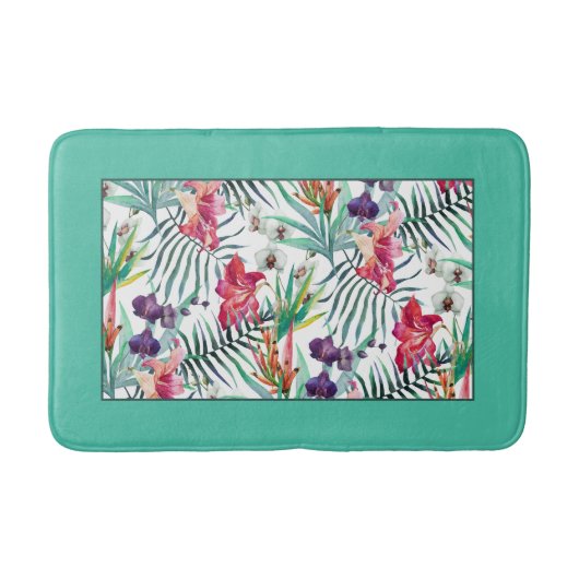Helder Tropisch Bloempatroon met Aqua Border Ba Badmat (Voorkant)