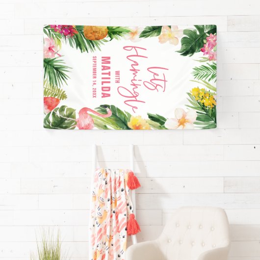 Helder tropisch gebladerte flamingle verjaardagsfe spandoek (Insitu)