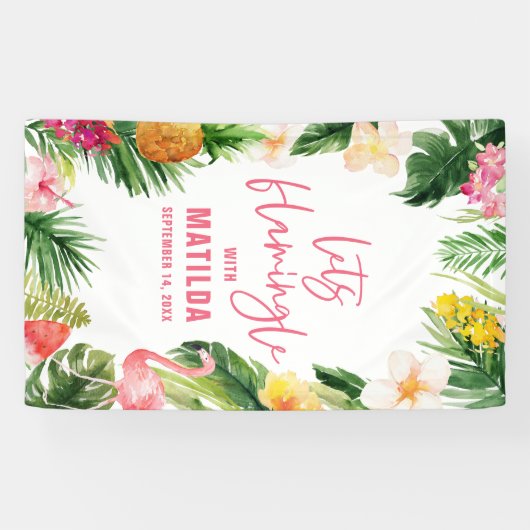 Helder tropisch gebladerte flamingle verjaardagsfe spandoek (Horizontaal)