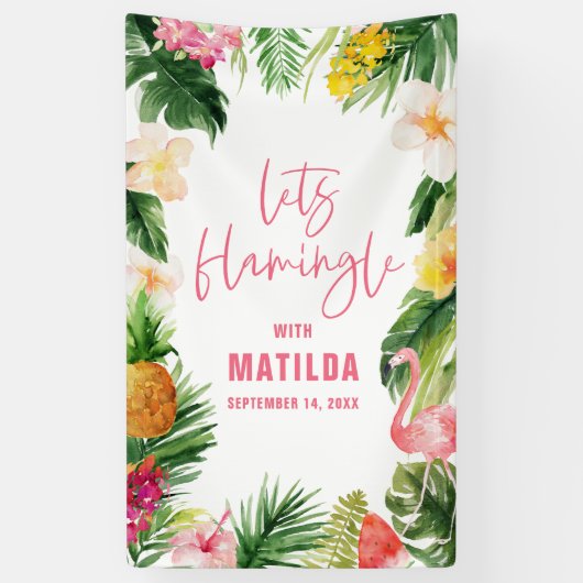 Helder tropisch gebladerte flamingle verjaardagsfe spandoek (Verticaal)
