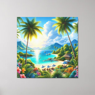 Helder tropisch landschap met palmbomen canvas afdruk