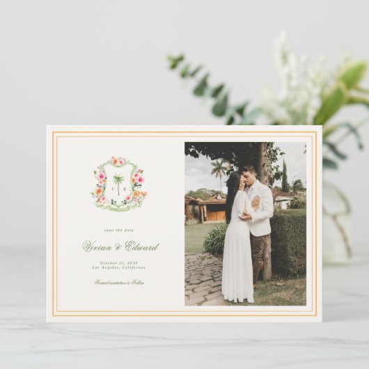Helder Tropische Palmboom Crest Strand Bruiloft Save The Date (Staand voorkant)