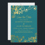 Helder Turkoois Gouden Bloei Foto Bruiloft Save The Date<br><div class="desc">Felle, heldere turquoise trouwkaart 'Save the Date' met elegante en vrolijke gouden krullen en krullen. Gepersonaliseerd met uw informatie aan de voorkant en uw foto aan de achterkant. Neem contact met me op voor hulp bij uw aanpassingen of om extra bijpassende of coördinerende Zazzle-producten aan te vragen voor uw speciale...</div>