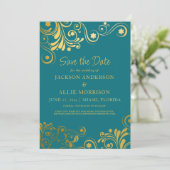 Helder Turquoise Goud Bloei Foto Bruiloft Save The Date (Staand voorkant)