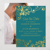 Helder Turquoise Goud Bloei Foto Bruiloft Save The Date (Voorkant / Achterkant)
