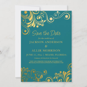 Helder Turquoise Goud Bloei Foto Bruiloft Save The Date