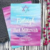 Helder Turquoise Hot Pink Glitter Star Bat Mitzvah Kaart